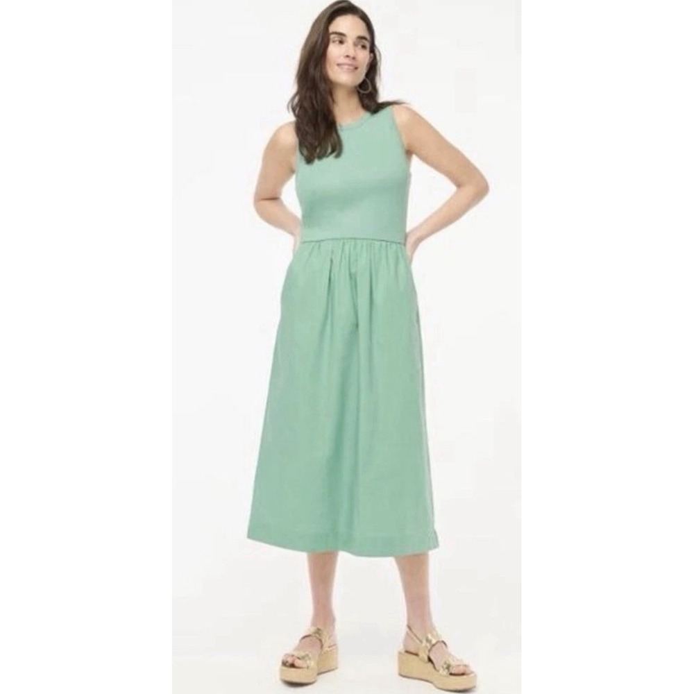 J.Crew Mixed-Media Ribbed Knit Cotton Poplin Midi Dress Seafoam Green Womens M